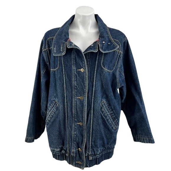 Jeremiah Whipp Jackets & Blazers - Jeremiah Whipp Womens Blue Denim Collared Pockets Plaid Lined Trucker Jacket S